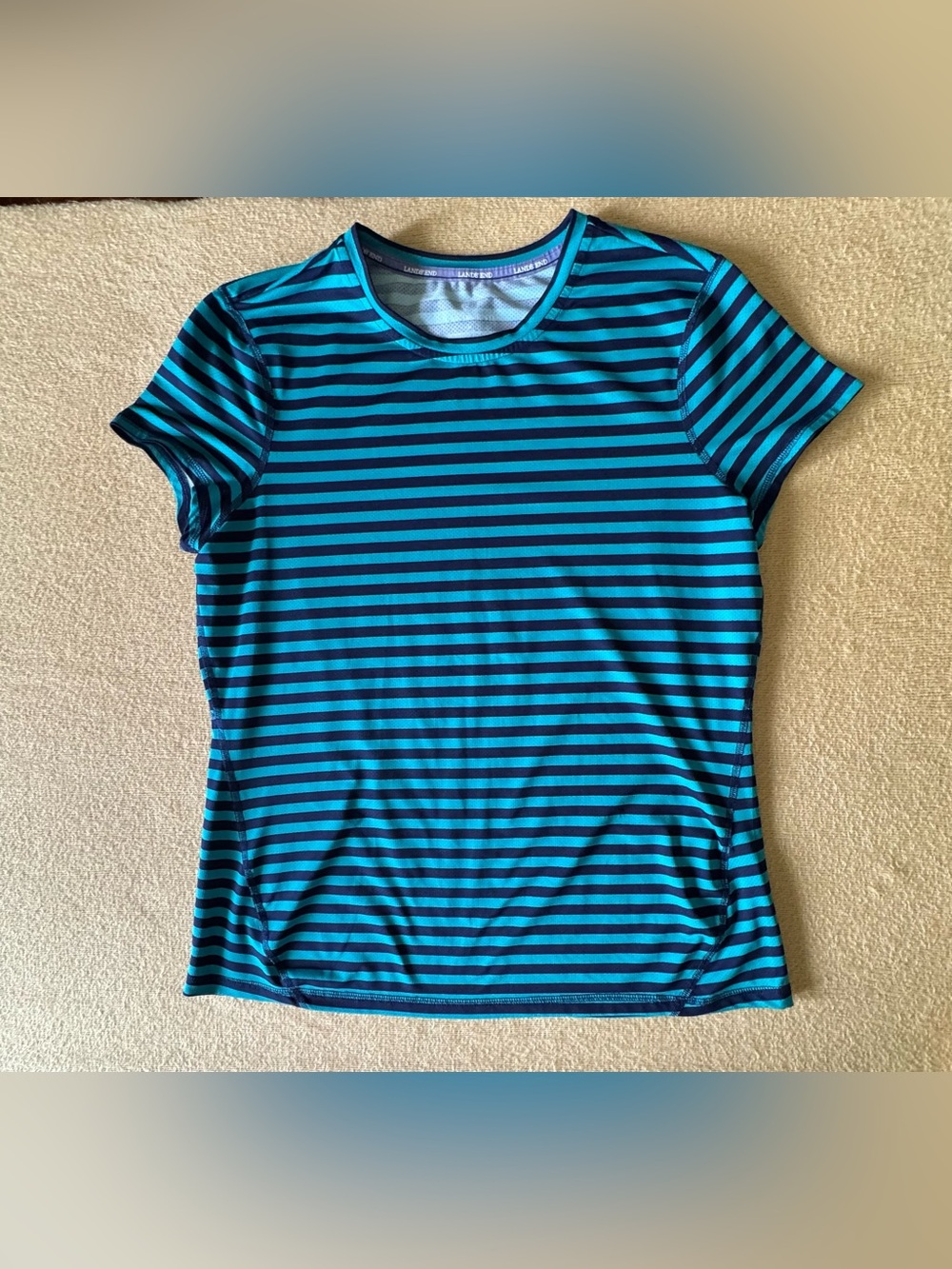 Lands' End Navy and Teal Striped Athletic Top